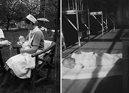 linke Bildhälfte: Brunhild und Krankenschwester im Garten des KKR, ca. Juni 1944; rechts: Brunhild nach ihrem Tod auf dem Boden des Bunkers;
